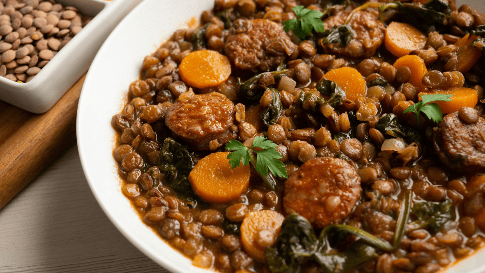 Hearty lentil and sausage soup.