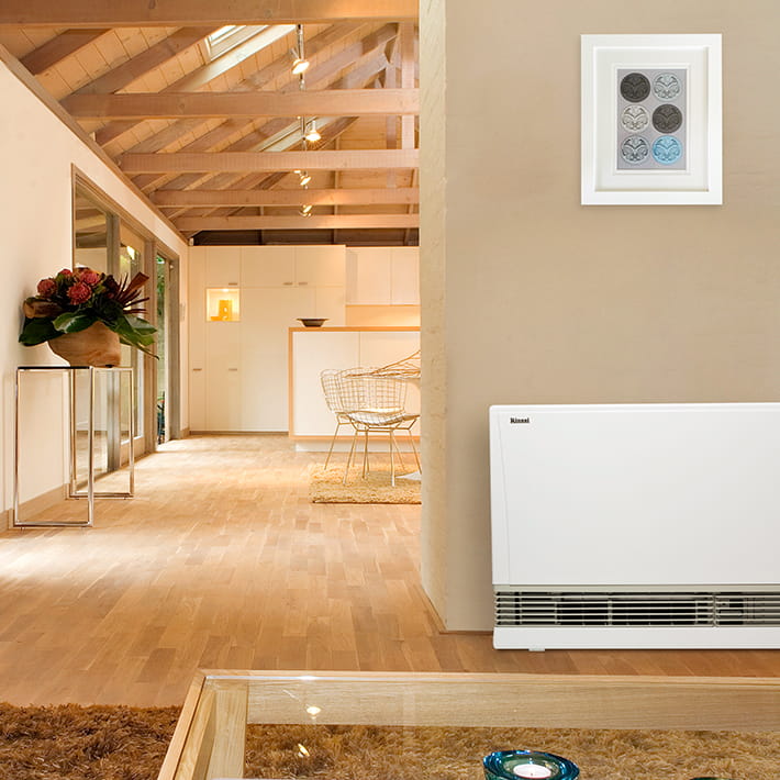 Flued gas space heater in home